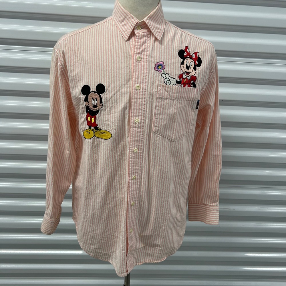 Too Cute Disney Mickey Minnie Mouse Pink Stripe Button Up Shirt Women Size 1